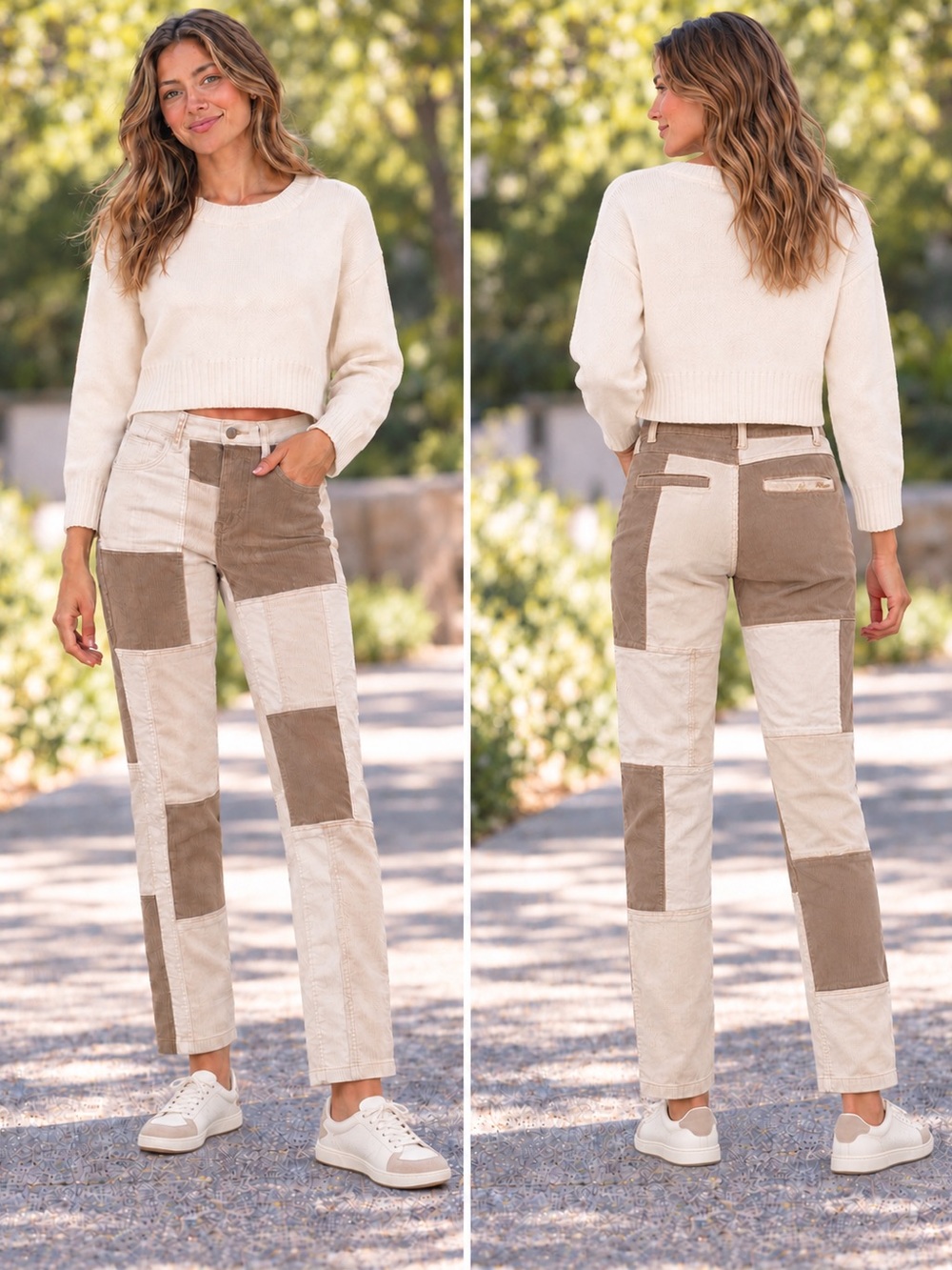 Pilcro Anthropologie Patchwork Corduroy Straight Leg Pants Beige Cream Retro, 28